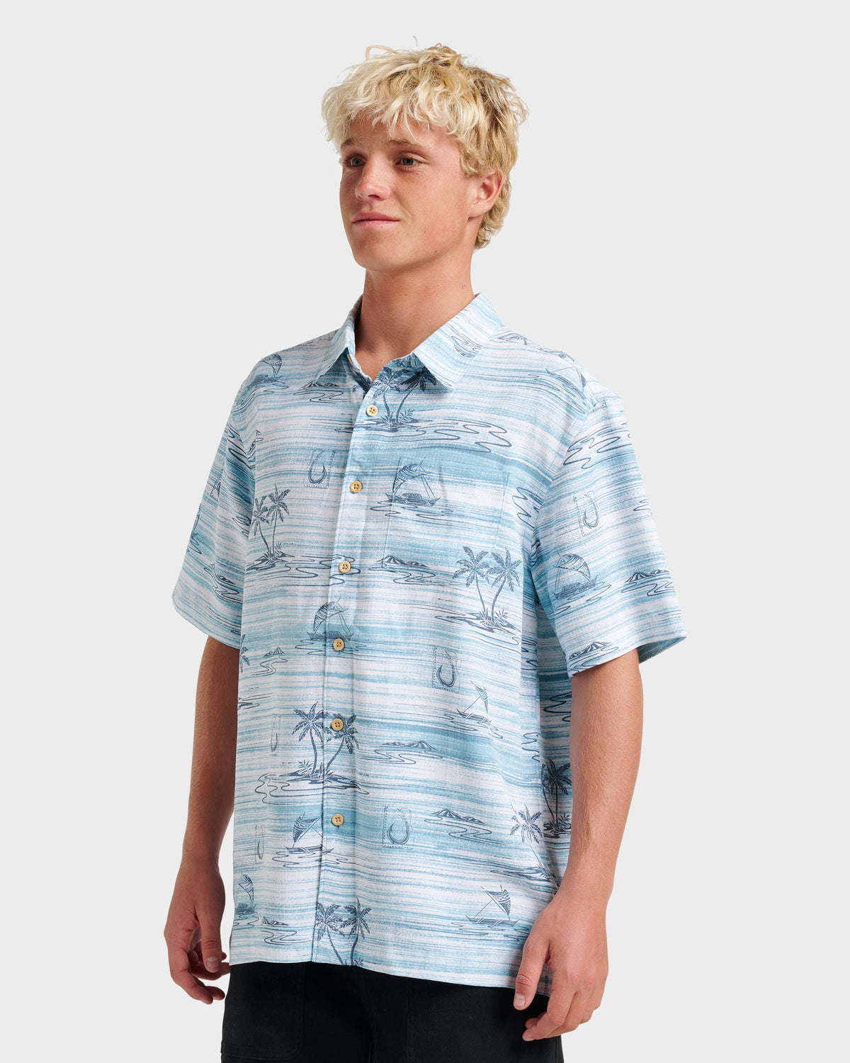 Quick Silver Waterman Island Daze Short Sleeve Shirt - Aqua Sea